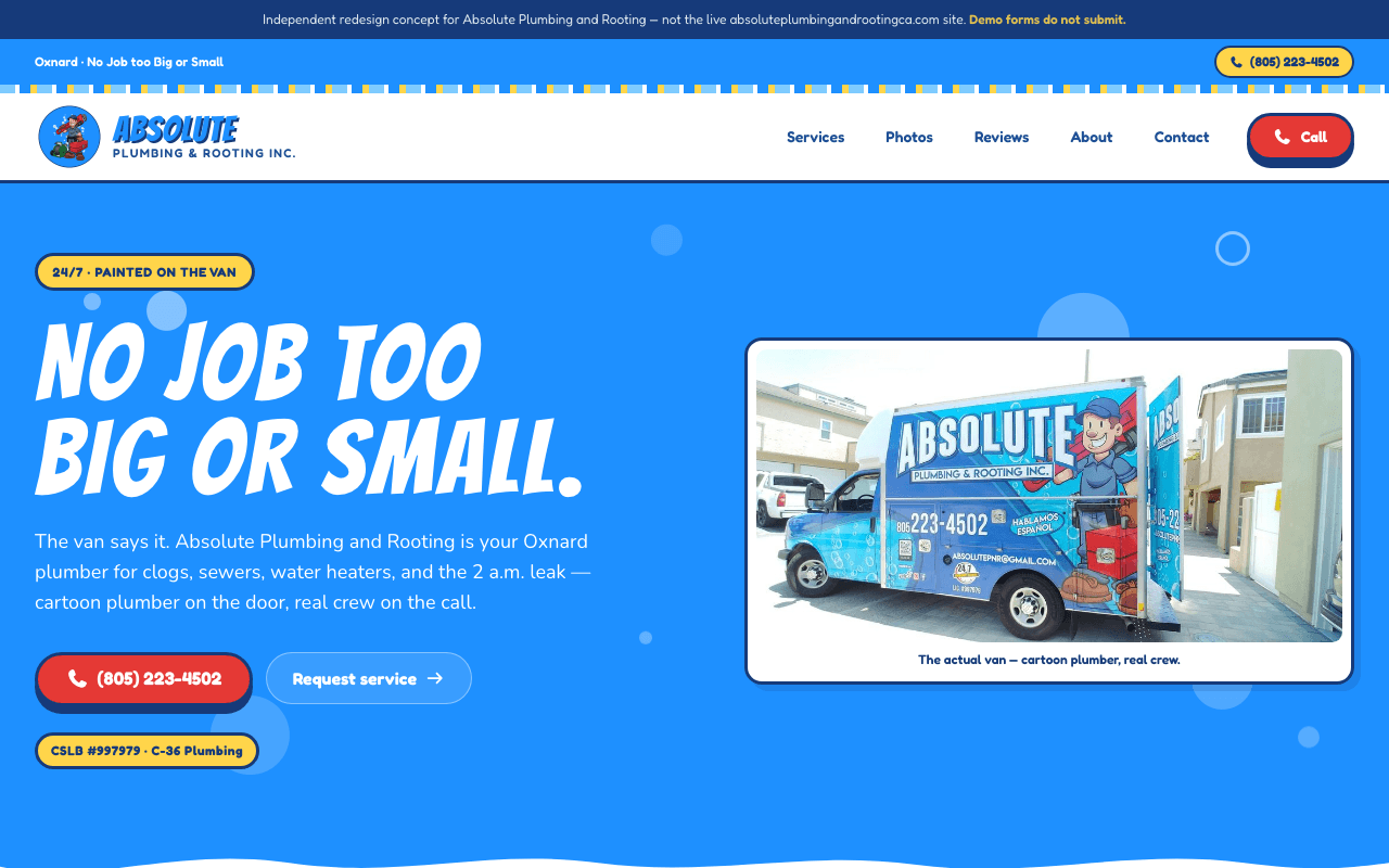 Absolute Plumbing and Rooting redesign concept: “No job too big or small.” in brush lettering on a bright blue page beside a photo of the company van