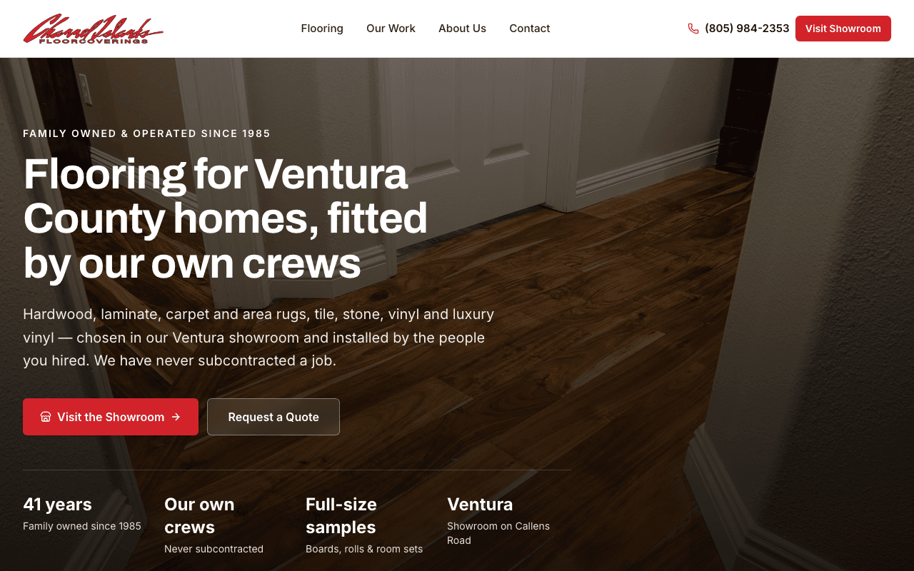 Channel Islands Floorcoverings homepage: “Family owned & operated since 1985” over a photo of a finished hardwood floor