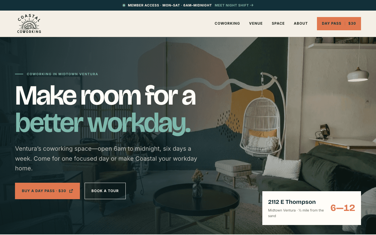 Coastal Coworking homepage: “Make room for a better workday.” headline over a photo of the lounge
