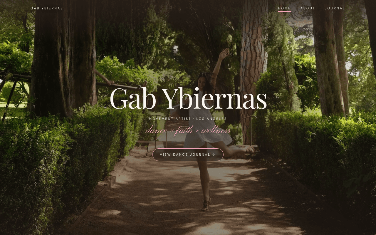 Gab Ybiernas homepage: her name in large serif over a photo of her dancing on a garden path, with “dance × faith × wellness” beneath