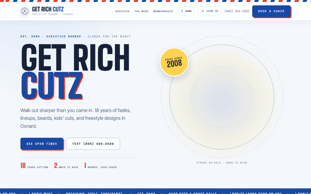 Get Rich Cutz homepage: barber-pole striped border and big navy-and-blue “GET RICH CUTZ” headline