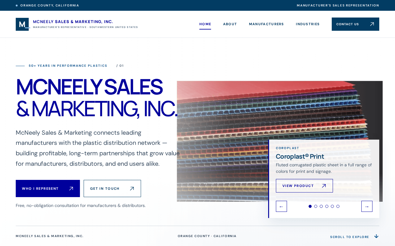 McNeely Sales & Marketing homepage: the company name in bold blue capitals beside a stack of colored corrugated plastic sheets