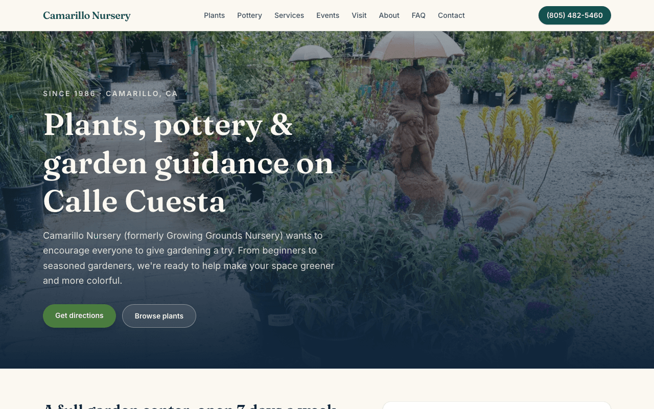 Camarillo Nursery homepage: “Plants, pottery & garden guidance on Calle Cuesta” over a photo of the nursery grounds