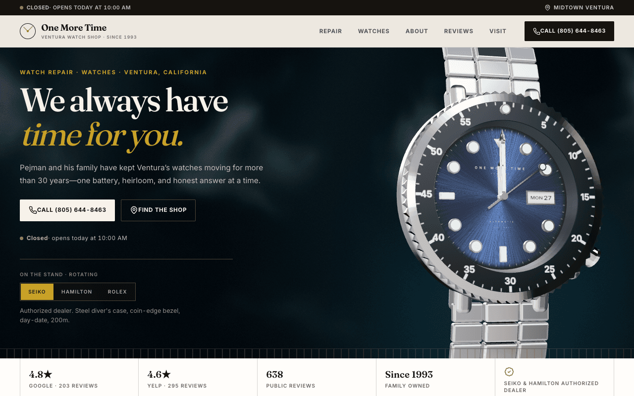 One More Time watch shop homepage: a silver diver's watch beside the headline “We always have time for you.”