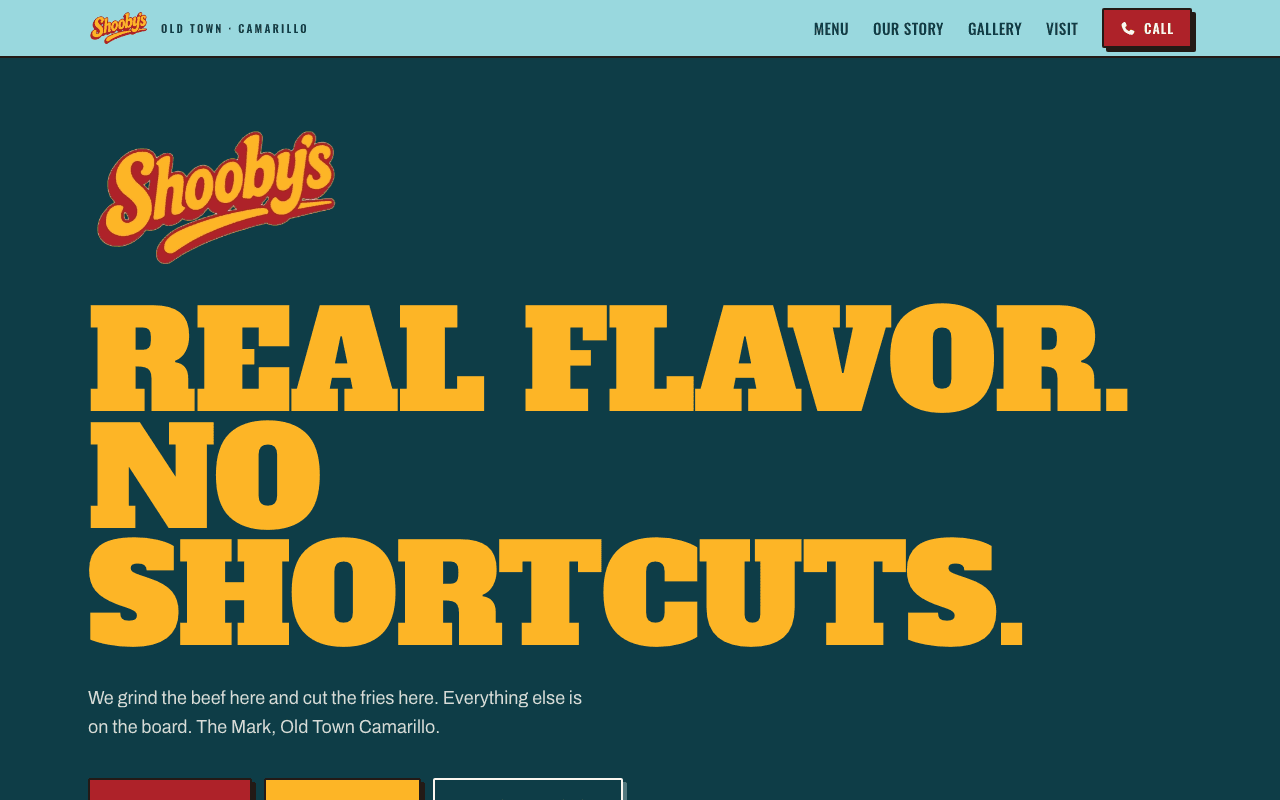 Shooby’s homepage: “Butcher-driven burgers in Old Town Camarillo” over a photo of a burger on the griddle